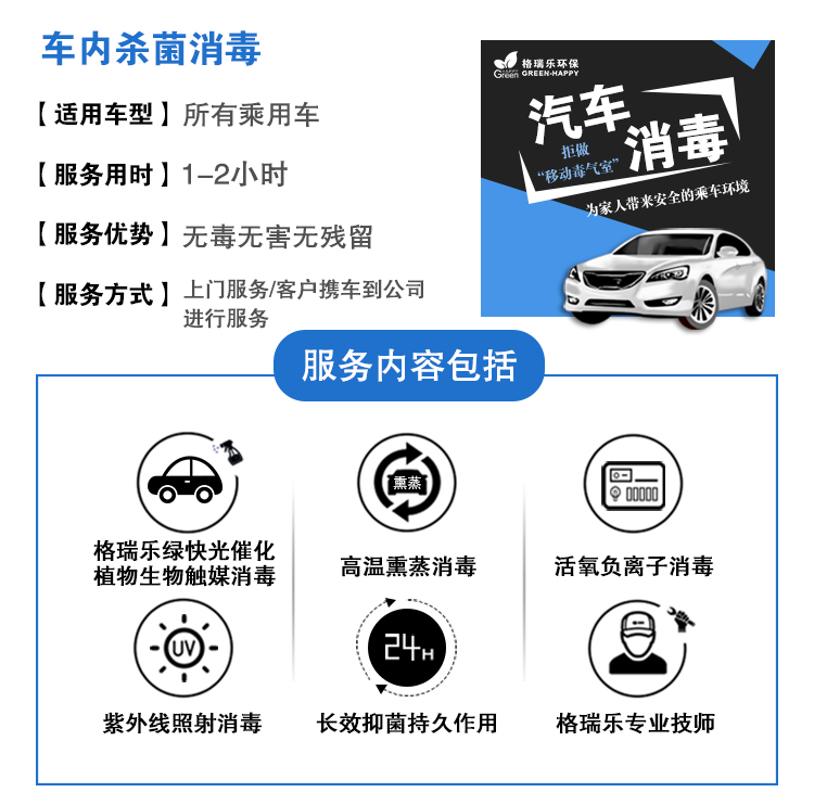 車內(nèi)殺菌消毒，適用車型，所有乘用車，服務(wù)用時，1-2小時，服務(wù)優(yōu)勢無毒無害無殘留，服務(wù)方式上門服務(wù)/到店服務(wù)，服務(wù)內(nèi)容包括，格瑞樂綠快光催化植物生物觸媒消毒，高溫熏蒸消毒，活氧負離子消毒，紫外線照射消毒，長效抑菌持久作用，格瑞樂專業(yè)技師。